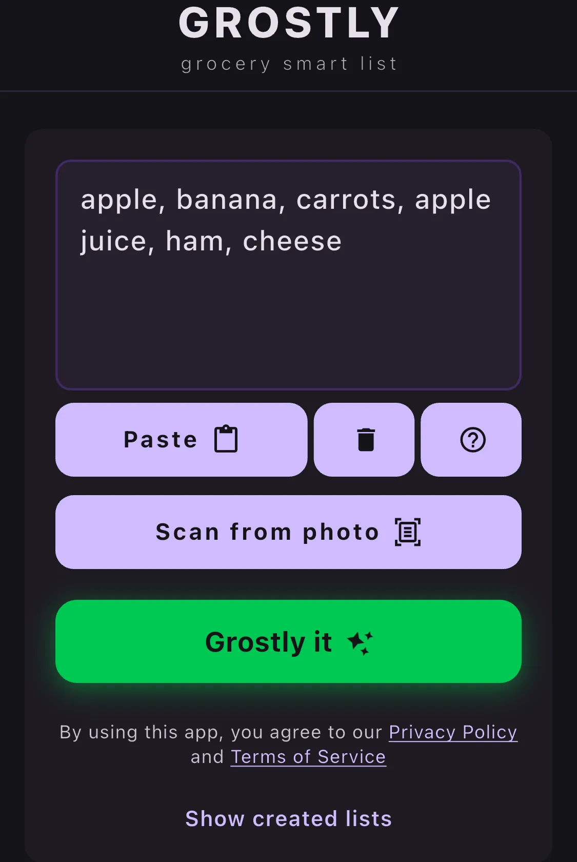 Grostly — app screen with a grocery list typed into the text field